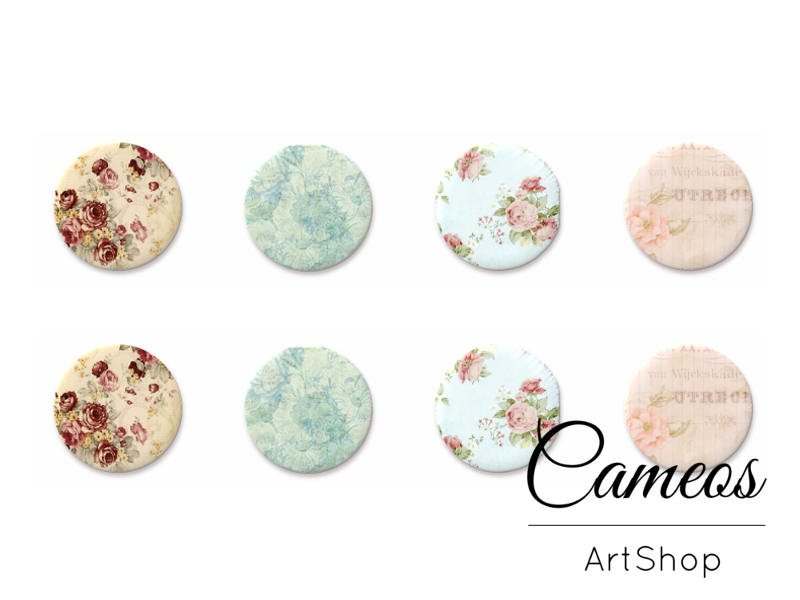 8 pieces round glass dome cabochons 8mm up to 18mm, Flowers Motive- C1581 - Cameos Art Shop