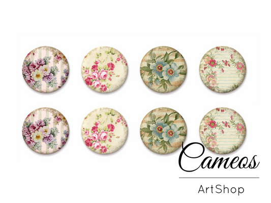 8 pieces round glass dome cabochons 8mm up to 18mm, Flowers Motive- C1582 - Cameos Art Shop