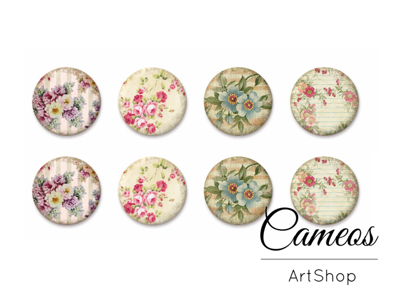 8 pieces round glass dome cabochons 8mm up to 18mm, Flowers Motive- C1582 - Cameos Art Shop