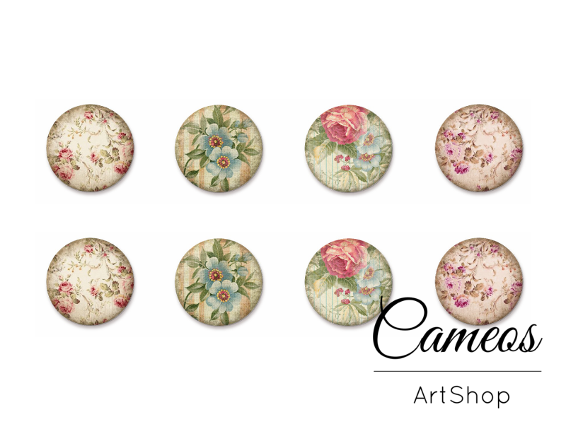 8 pieces round glass dome cabochons 8mm up to 18mm, Flowers Motive- C1583 - Cameos Art Shop