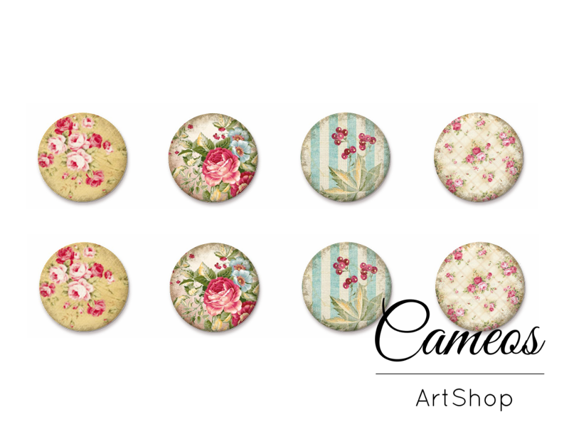 8 pieces round glass dome cabochons 8mm up to 18mm, Flowers Motive- C1584 - Cameos Art Shop