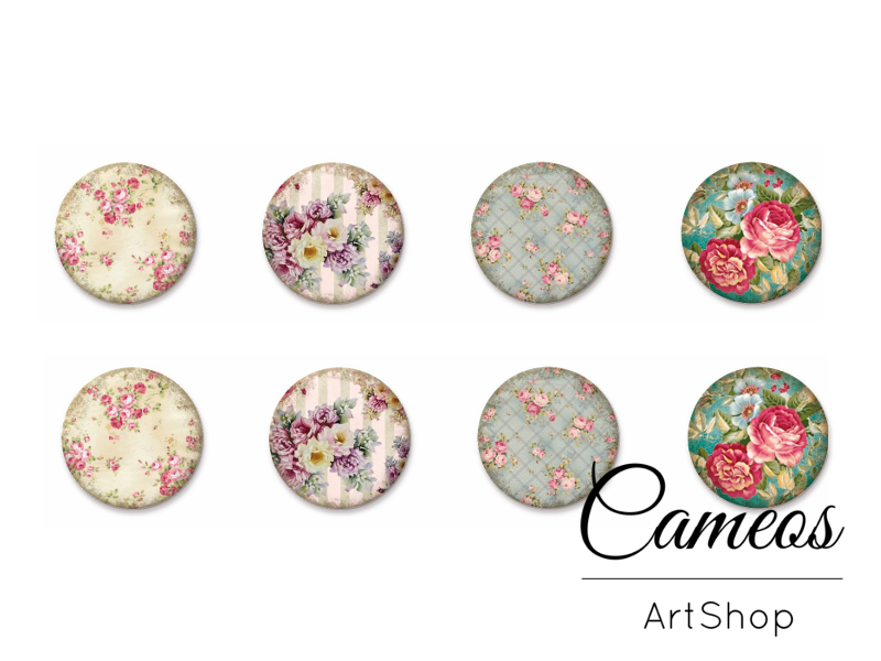 8 pieces round glass dome cabochons 8mm up to 18mm, Flowers Motive- C1585 - Cameos Art Shop