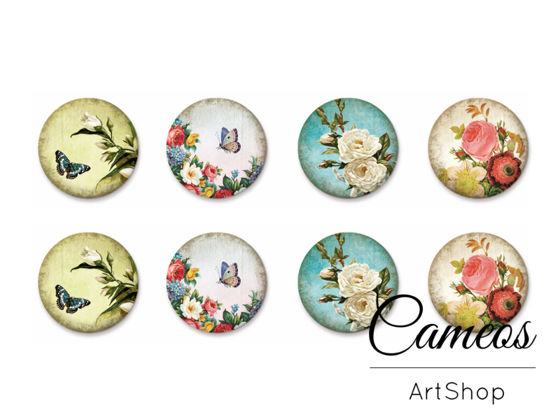 8 pieces round glass dome cabochons 8mm up to 18mm, Butterfly Motive- C1586 - Cameos Art Shop