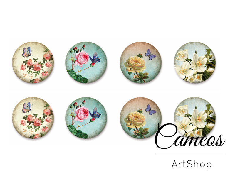 8 pieces round glass dome cabochons 8mm up to 18mm, Butterfly Motive- C1587 - Cameos Art Shop