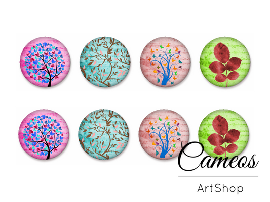 8 pieces round glass dome cabochons 8mm up to 18mm, Tree Motive- C1591 - Cameos Art Shop