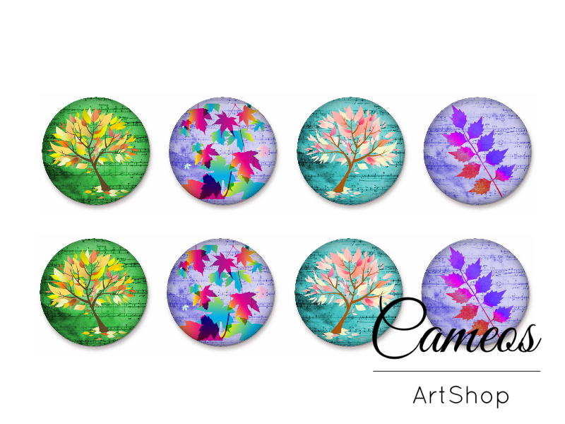 8 pieces round glass dome cabochons 8mm up to 18mm, Tree Motive- C1592 - Cameos Art Shop