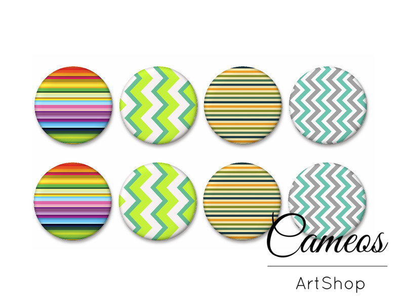 8 pieces round glass dome cabochons 8mm up to 18mm, Chevron Motive- C1599 - Cameos Art Shop