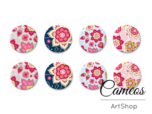 8 pieces round glass dome cabochons 8mm up to 18mm, Floral Motive- C1601 - Cameos Art Shop