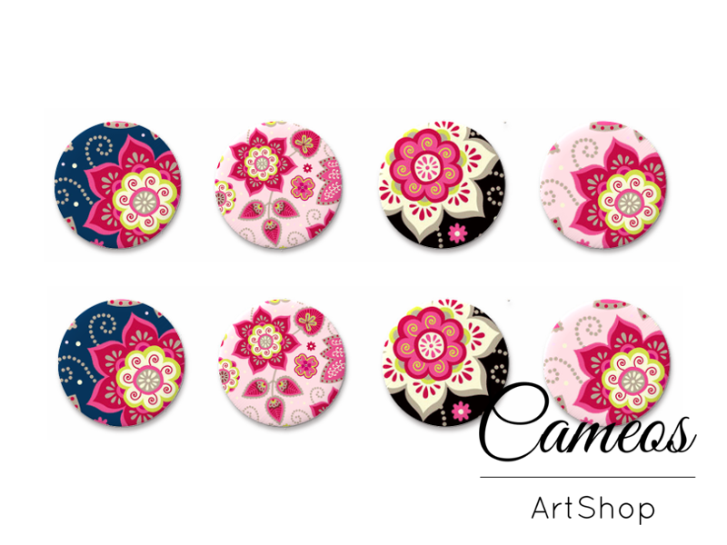 8 pieces round glass dome cabochons 8mm up to 18mm, Floral Motive- C1602 - Cameos Art Shop