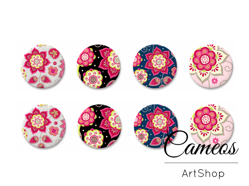 8 pieces round glass dome cabochons 8mm up to 18mm, Floral Motive- C1603 - Cameos Art Shop