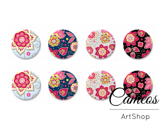 8 pieces round glass dome cabochons 8mm up to 18mm, Floral Motive- C1604 - Cameos Art Shop