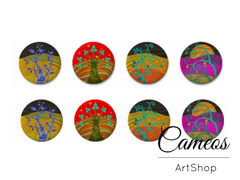 8 pieces round glass dome cabochons 8mm up to 18mm, Trees Motive- C1605 - Cameos Art Shop