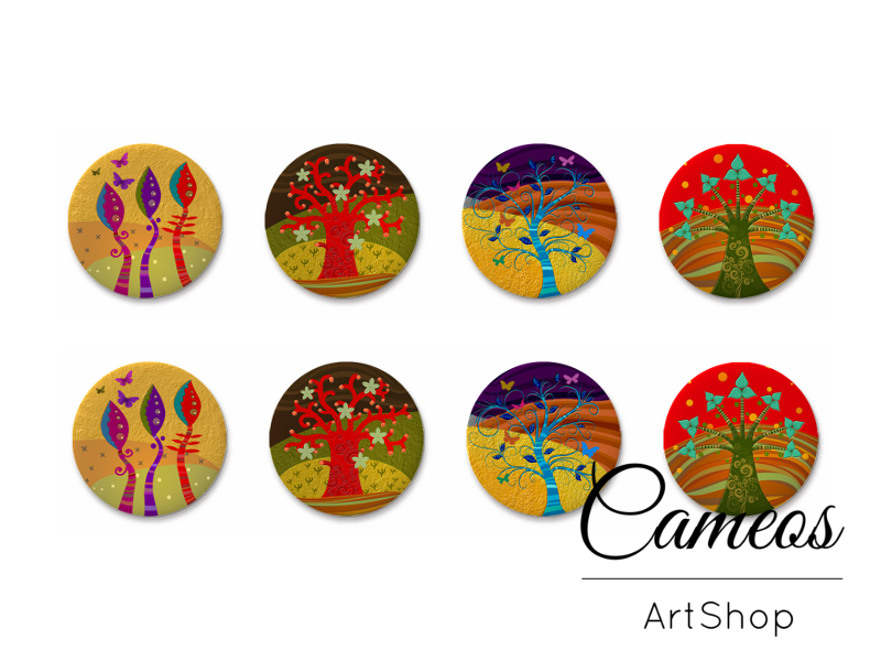 8 pieces round glass dome cabochons 8mm up to 18mm, Trees Motive- C1606 - Cameos Art Shop
