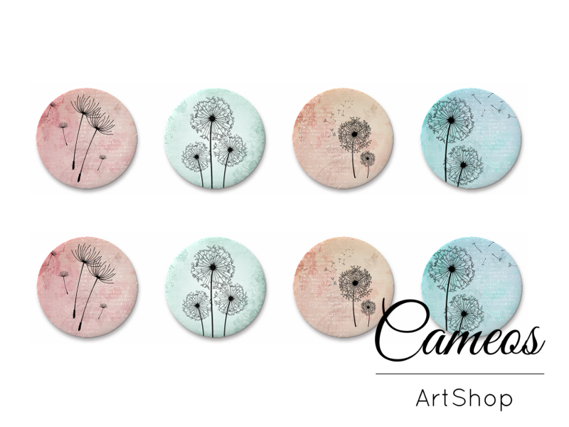 8 pieces round glass dome cabochons 8mm up to 18mm, Dandelion Motive- C1611 - Cameos Art Shop