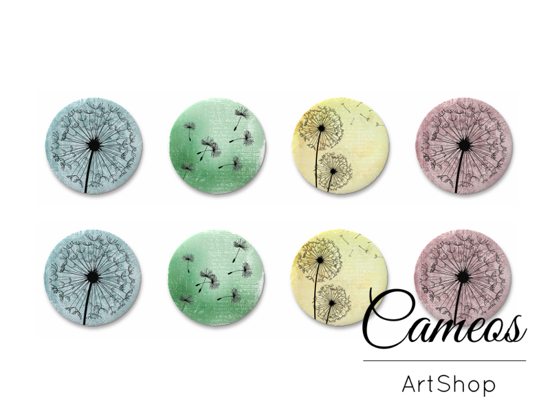 8 pieces round glass dome cabochons 8mm up to 18mm, Dandelions Motive- C1612 - Cameos Art Shop
