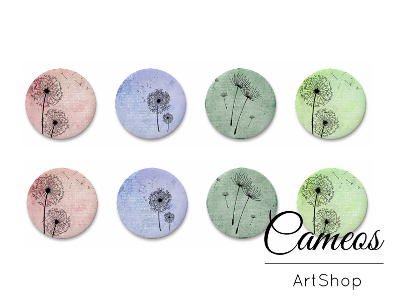 8 pieces round glass dome cabochons 8mm up to 18mm, Dandelions Motive- C1613 - Cameos Art Shop