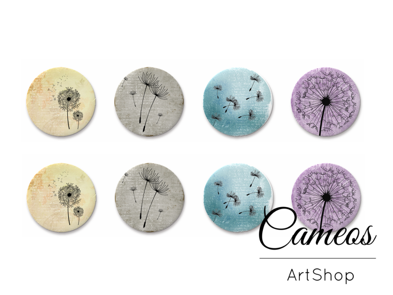8 pieces round glass dome cabochons 8mm up to 18mm, Dandelions Motive- C1614 - Cameos Art Shop