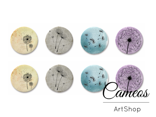 8 pieces round glass dome cabochons 8mm up to 18mm, Dandelions Motive- C1614 - Cameos Art Shop