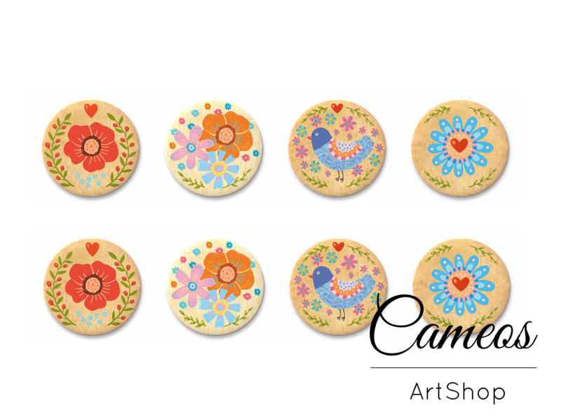 8 pieces round glass dome cabochons 8mm up to 18mm, Floral Motive- C1615 - Cameos Art Shop