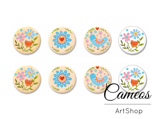 8 pieces round glass dome cabochons 8mm up to 18mm, Floral Motive- C1616 - Cameos Art Shop
