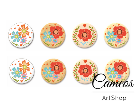 8 pieces round glass dome cabochons 8mm up to 18mm, Floral Motive- C1617 - Cameos Art Shop
