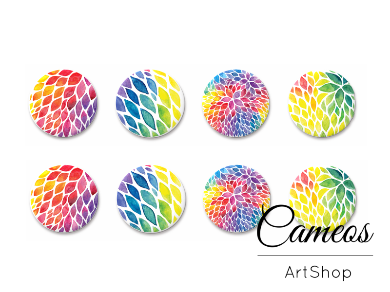 8 pieces round glass dome cabochons 8mm up to 18mm, Colorful Motive- C1618 - Cameos Art Shop