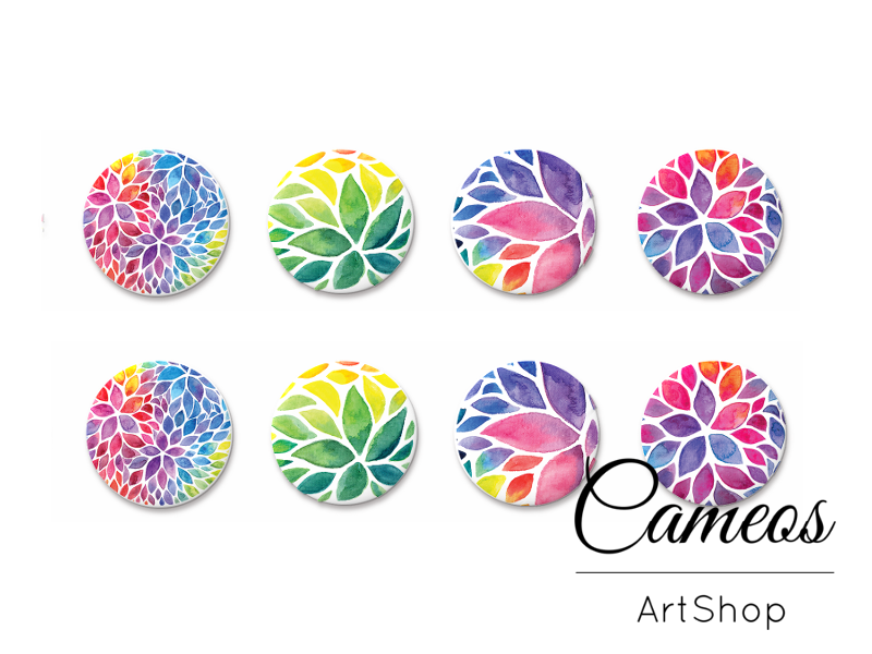 8 pieces round glass dome cabochons 8mm up to 18mm, Colorful Motive- C1619 - Cameos Art Shop