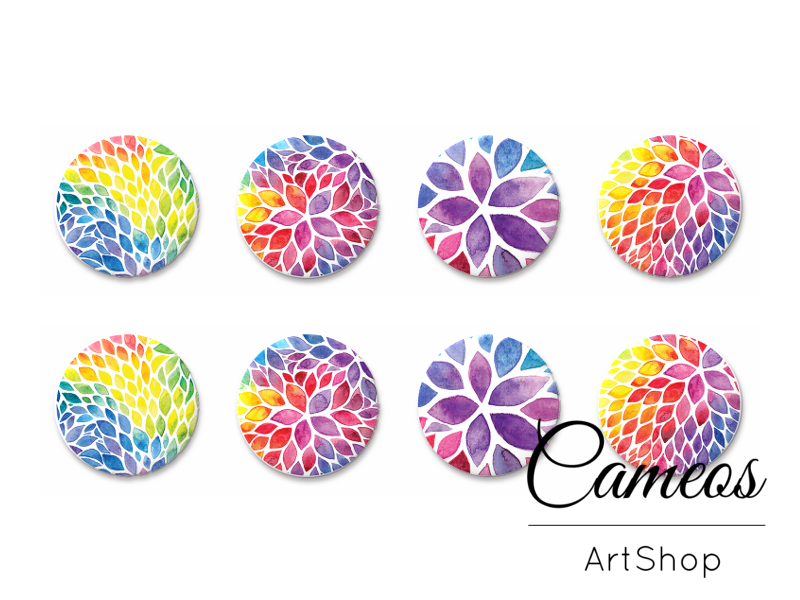 8 pieces round glass dome cabochons 8mm up to 18mm, Colorful Motive- C1620 - Cameos Art Shop