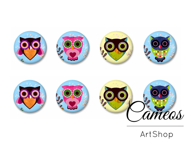 8 pieces round glass dome cabochons 8mm up to 18mm, Owl Motive- C1621 - Cameos Art Shop
