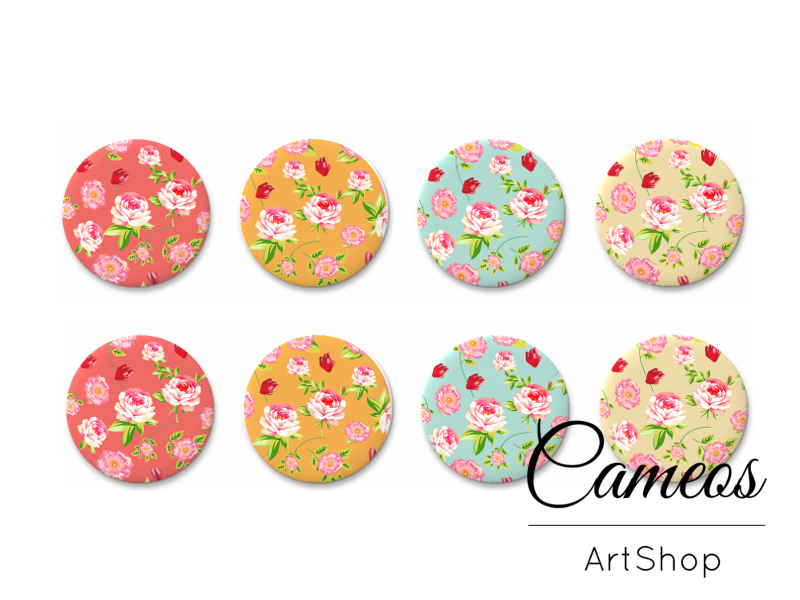 8 pieces round glass dome cabochons 8mm up to 18mm, Flowers Motive- C1624 - Cameos Art Shop