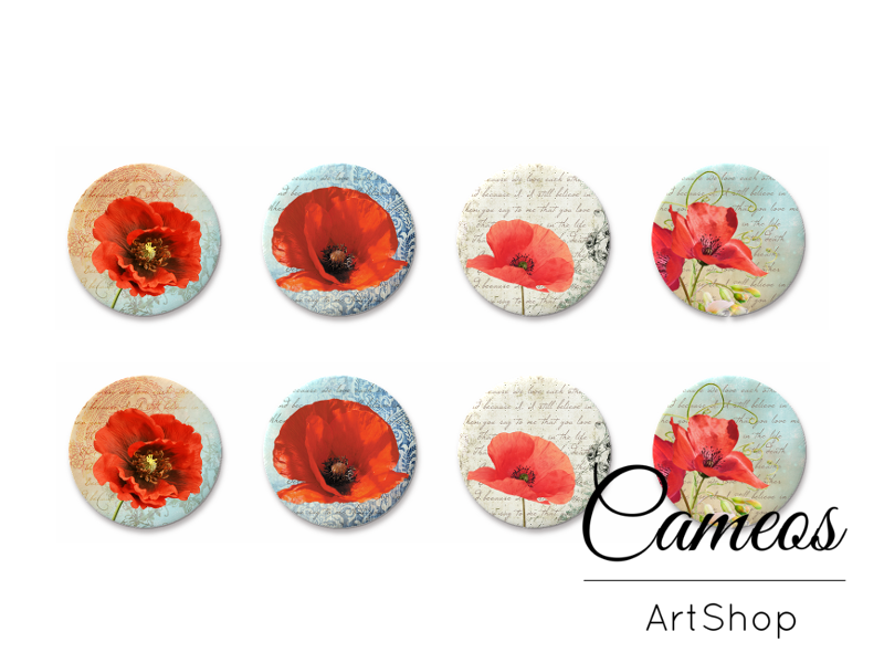 8 pieces round glass cabochons 8mm up to 18mm, Flowers Motive- C1625 - Cameos Art Shop