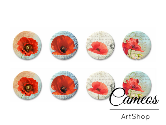 8 pieces round glass cabochons 8mm up to 18mm, Flowers Motive- C1625 - Cameos Art Shop