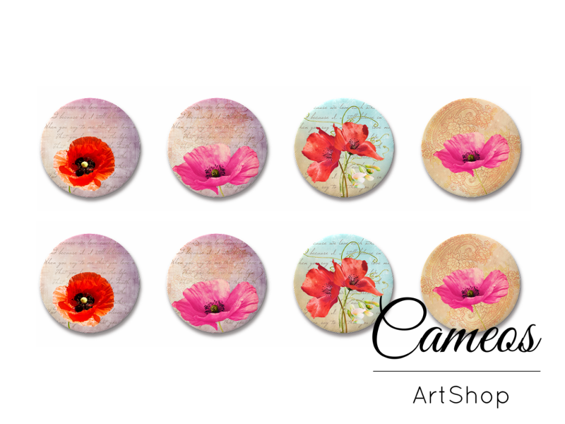 8 pieces round glass dome cabochons 8mm up to 18mm, Poppy Flowers Motive- C1626 - Cameos Art Shop
