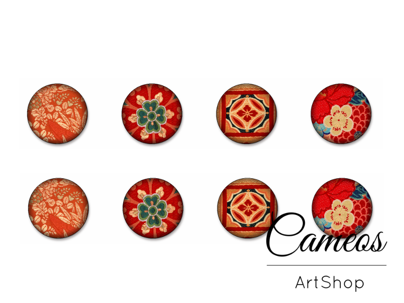 8 pieces round glass dome cabochons 8mm up to 18mm, Red Retro Motive- C1627 - Cameos Art Shop