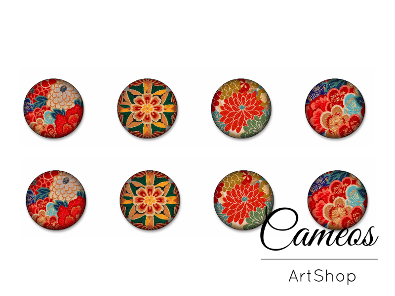 8 pieces round glass dome cabochons 8mm up to 18mm, Red Retro Motive- C1628 - Cameos Art Shop