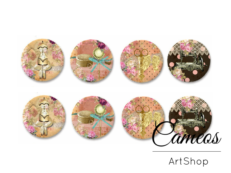 8 pieces round glass dome cabochons 8mm up to 18mm, Sewing Motive- C1629 - Cameos Art Shop