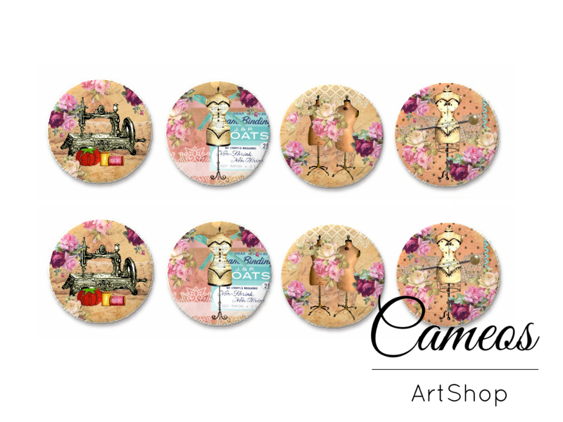 8 pieces round glass dome cabochons 8mm up to 18mm, Sewing Motive- C1631 - Cameos Art Shop