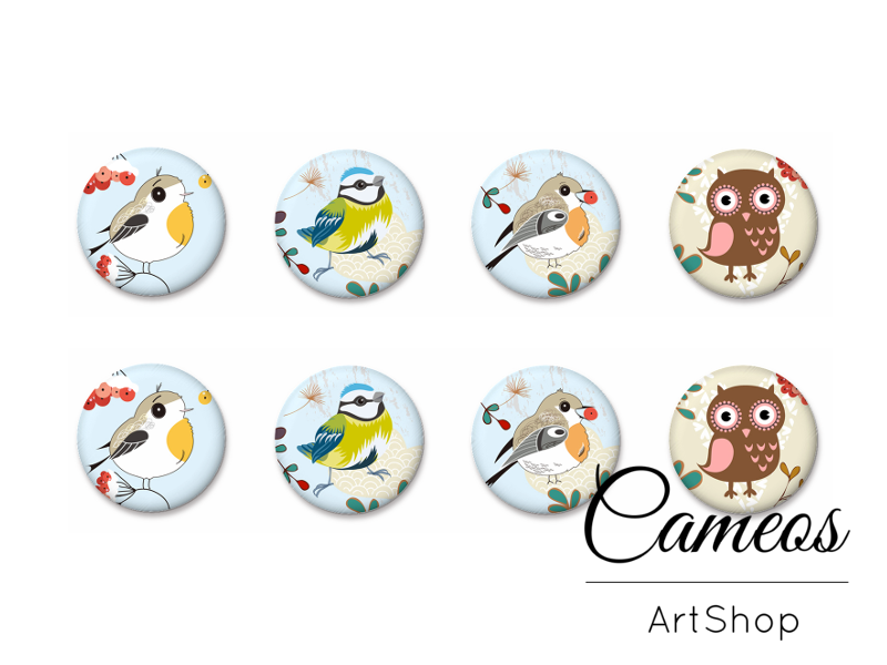 8 pieces round glass dome cabochons 8mm up to 18mm, Birds Motive- C1632 - Cameos Art Shop