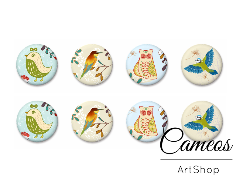 8 pieces round glass dome cabochons 8mm up to 18mm, Birds Motive- C1633 - Cameos Art Shop