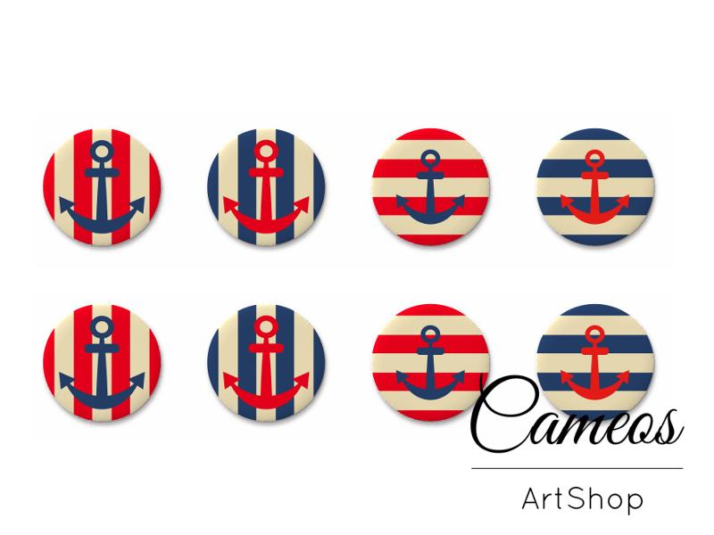 8 pieces round glass dome cabochons 8mm up to 18mm, Anchor Motive- C1634 - Cameos Art Shop