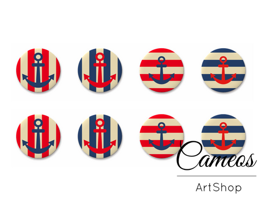8 pieces round glass dome cabochons 8mm up to 18mm, Anchor Motive- C1634 - Cameos Art Shop