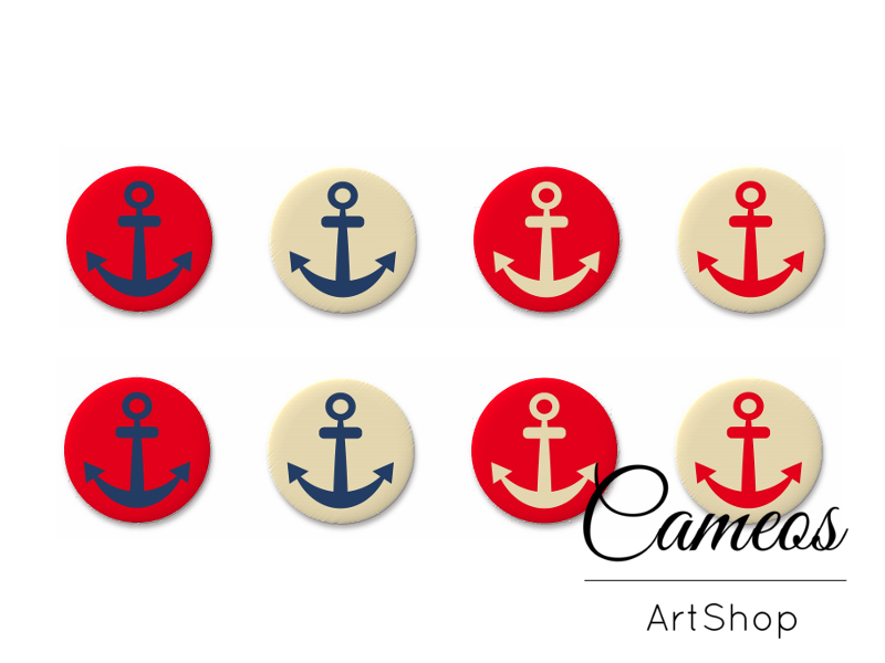8 pieces round glass dome cabochons 8mm up to 18mm, Anchor Motive- C1636 - Cameos Art Shop