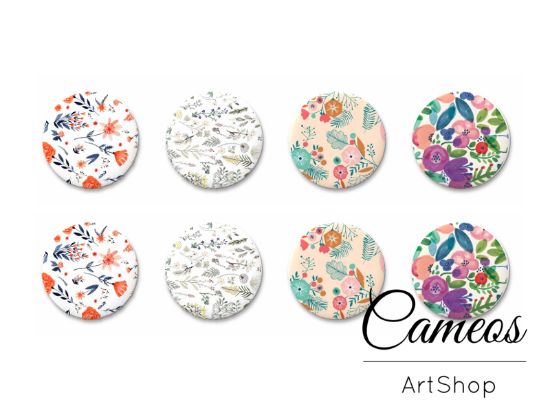 8 pieces round glass dome cabochons 8mm up to 18mm, Floral Motive- C1641 - Cameos Art Shop