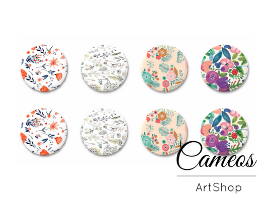 8 pieces round glass dome cabochons 8mm up to 18mm, Floral Motive- C1641 - Cameos Art Shop