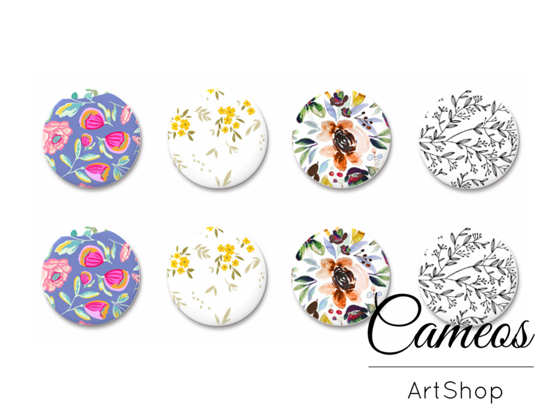 8 pieces round glass dome cabochons 8mm up to 18mm, Floral Motive- C1642 - Cameos Art Shop