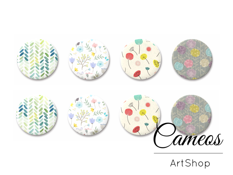 8 pieces round glass dome cabochons 8mm up to 18mm, Floral Motive- C1644 - Cameos Art Shop