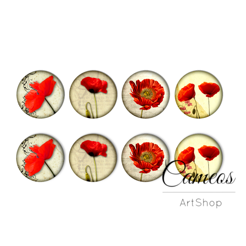 8 pieces round glass cabochons 8mm up to 18mm, Red Flowers- C1685