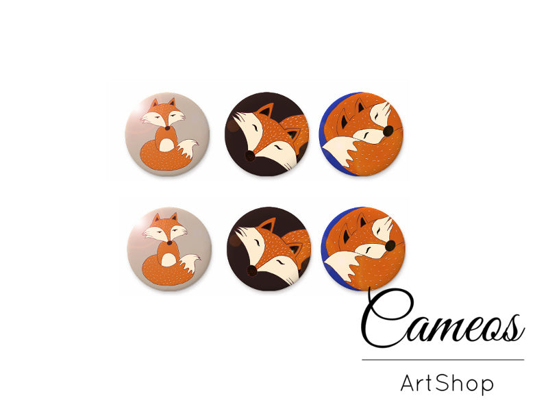 6 pieces round glass cabochons 8mm up to 18mm, Fox Motive- C192 - Cameos Art Shop