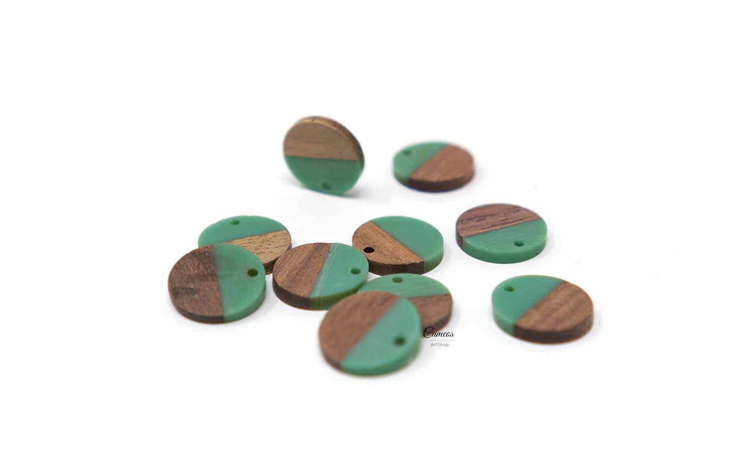 2 pcs Small Wood Resin Pendant, Round Wooden Charms, Real wood, Flat Round Pendant Earring Charm, 18mm, Light Sea Green