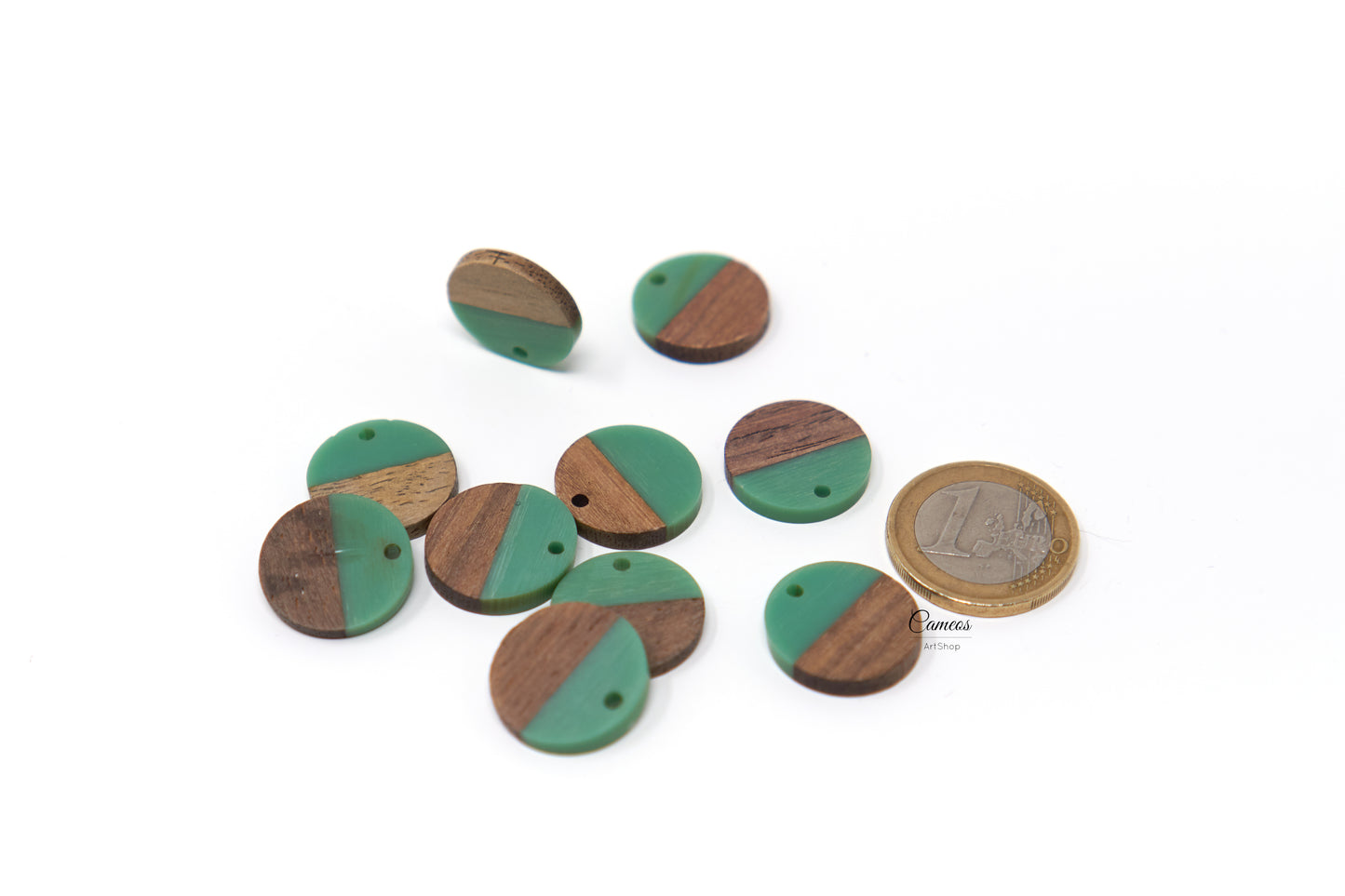 2 pcs Small Wood Resin Pendant, Round Wooden Charms, Real wood, Flat Round Pendant Earring Charm, 18mm, Light Sea Green